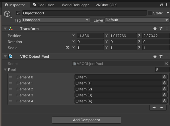 VRCObjectPoolのPool配列へSpawn対象を登録した状態
