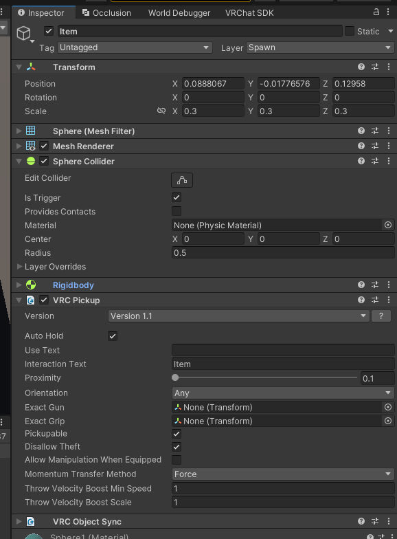 Pickupに必要なコンポーネントを設定したInspector