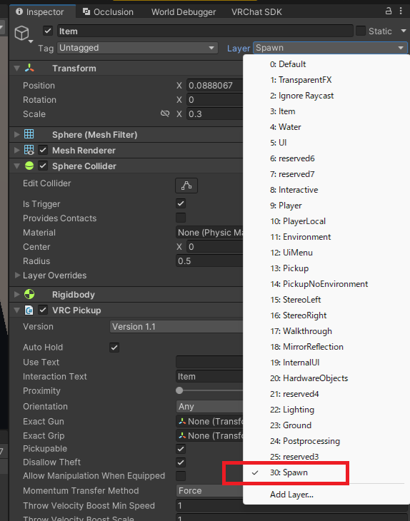 Object Spawn SystemのReturn対象専用レイヤーを設定した状態