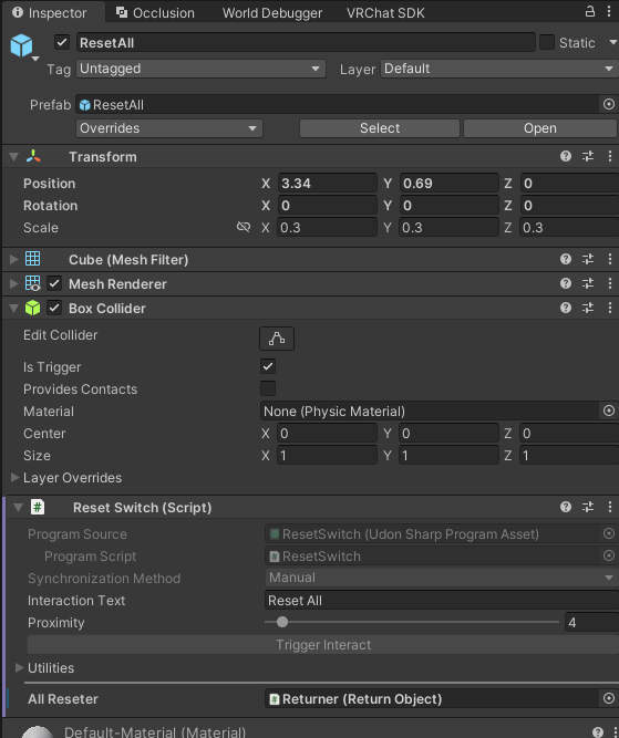 ResetSwitchのAll Reseterを設定したInspector