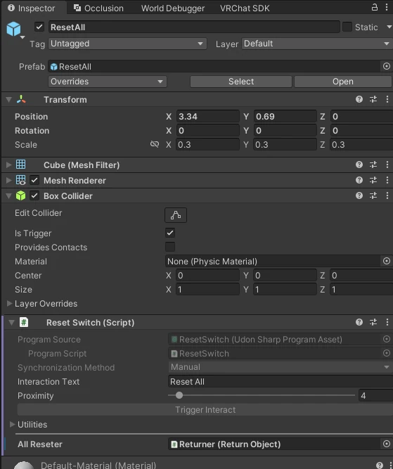 ResetSwitchのAll Reseterを設定したInspector
